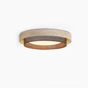 Nolan modern travertine ceiling light with perforated metal accent ring front view on white background