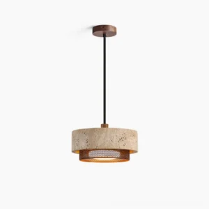 Nolan travertine pendant light with unfinished stone shade and bronze metal trim, front studio view showcasing natural pitting and geological texture