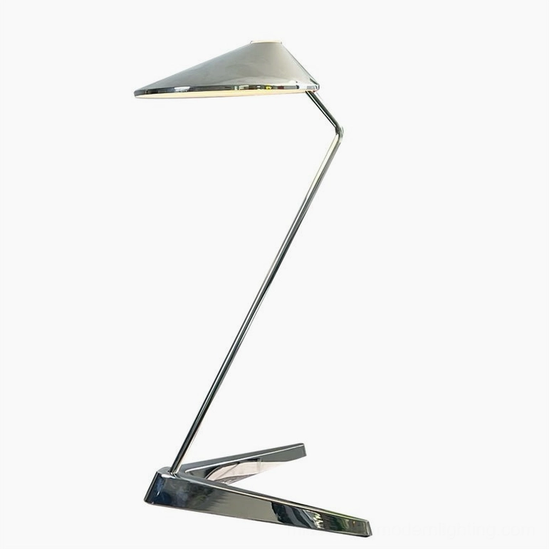 Polished metal angular zigzag desk lamp white background high-shine chrome
