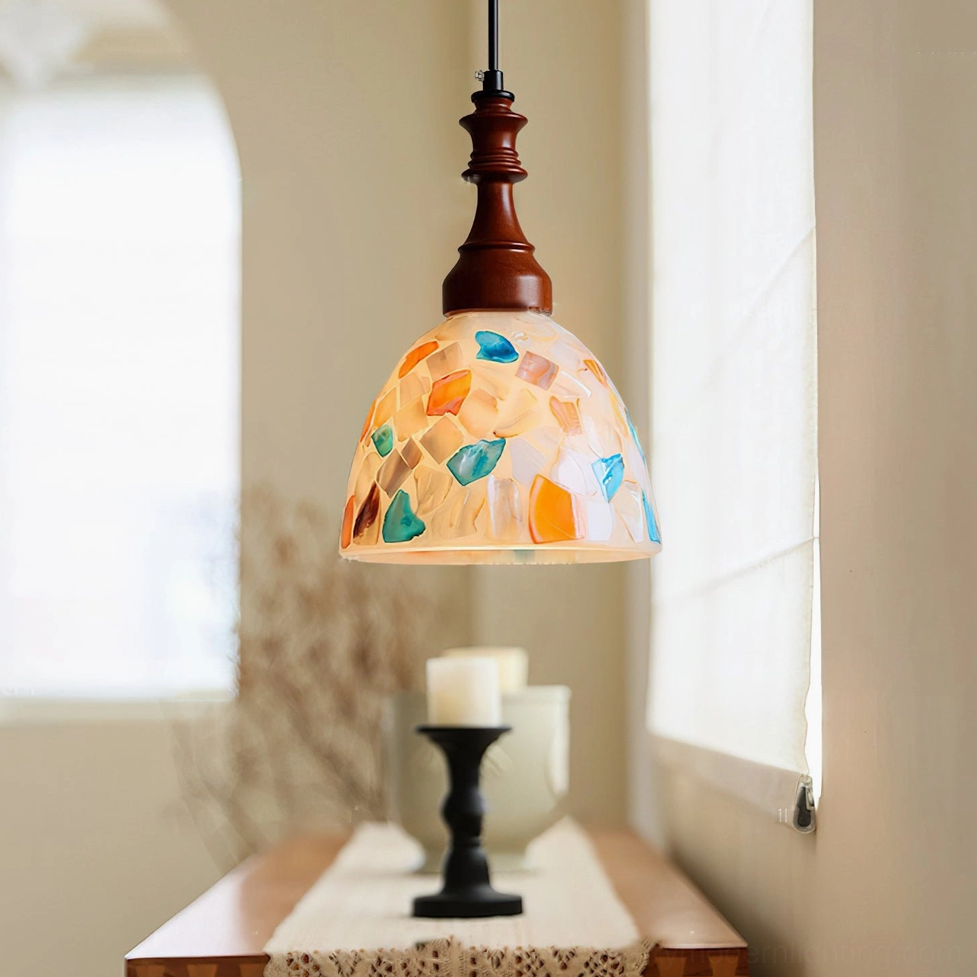 Nonna pendant light in farmhouse dining area near window, vintage mosaic glass creating warm atmospheric lighting