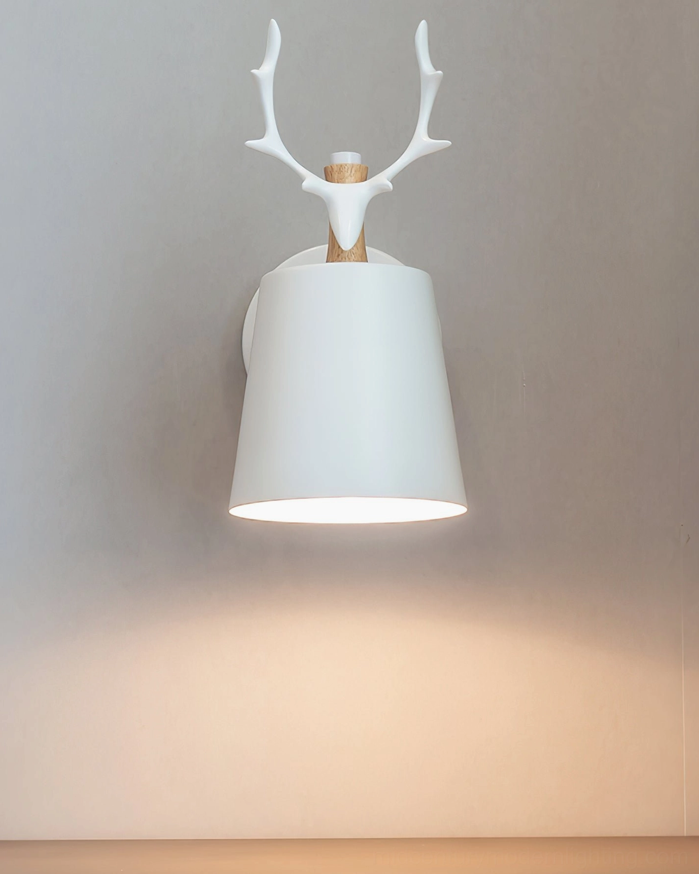 Nordic antler wall lamp product showcase, white and wood color variant, full-angle view of gallery-quality design