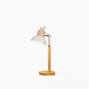 Nordic minimalist wooden bird desk lamp with white metal shade and natural wood base, front studio view