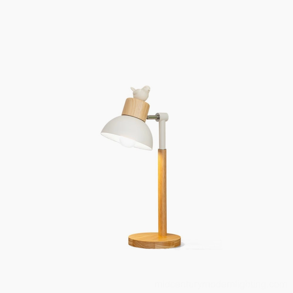 Nordic minimalist wooden bird desk lamp with white metal shade and natural wood base, front studio view