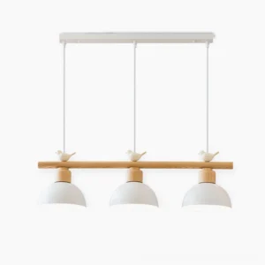 Nordic three-head bird pendant chandelier in white matte finish with natural wood cross bar, studio view on white background