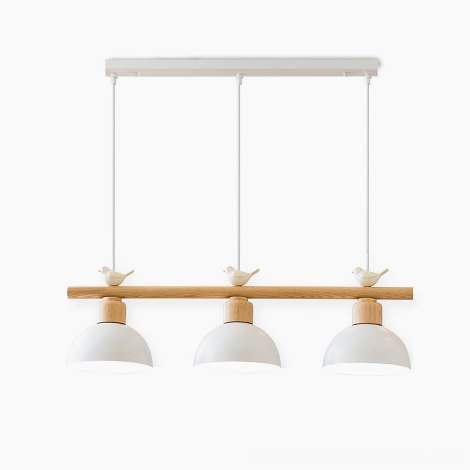 Nordic three-head bird pendant chandelier in white matte finish with natural wood cross bar, studio view on white background