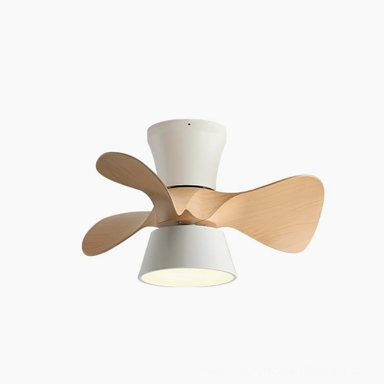 Nordic-style DC ceiling fan light with four wood grain blades and white housing, front three-quarter view on white background