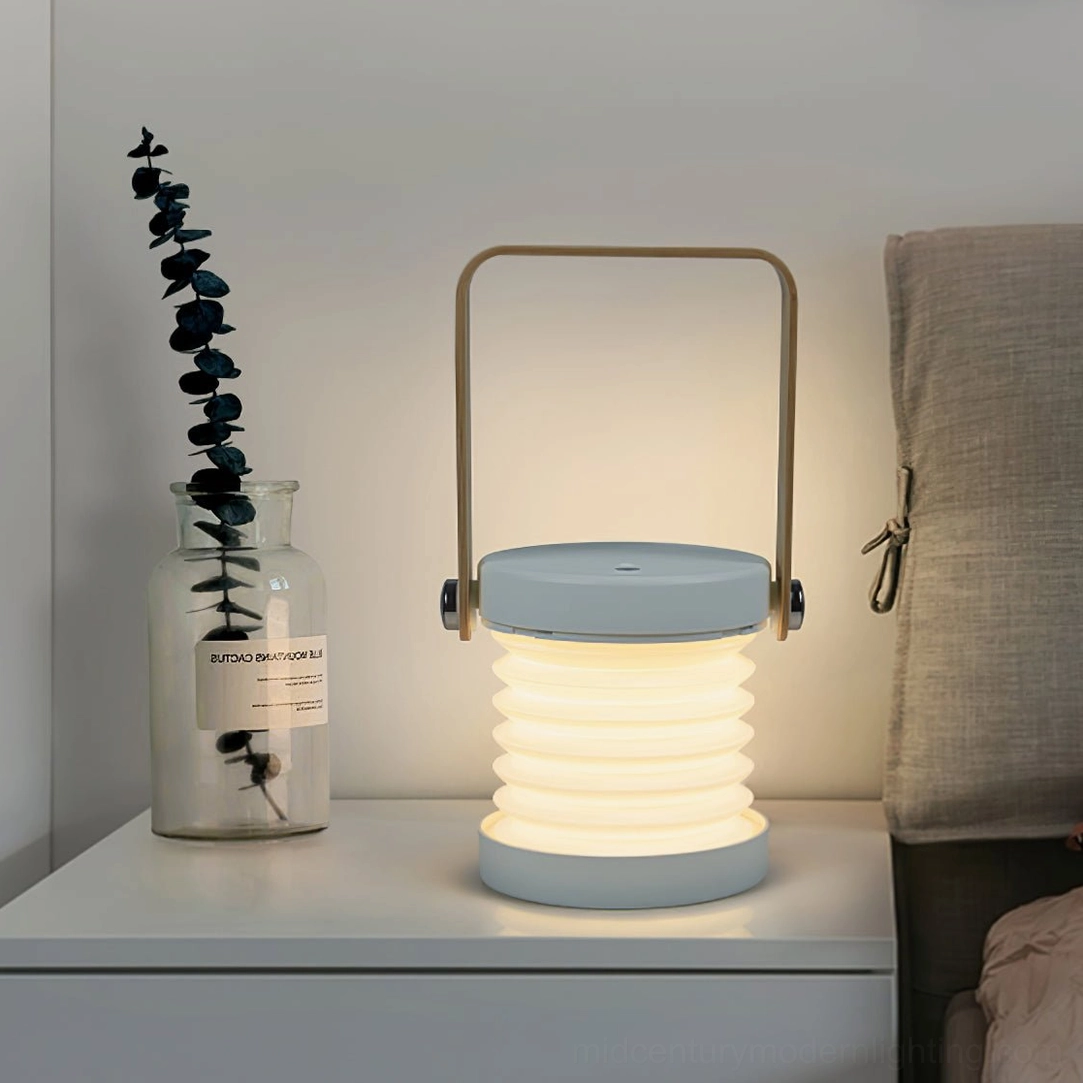 Nordic design lantern table lamp creating atmospheric ambient lighting, perfect for scandinavian interior styling