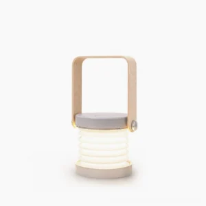 Nordic honeycomb portable lantern table lamp with integrated LED, shown from frontal view in studio setting, featuring white and natural wood finish