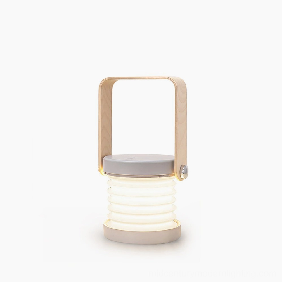 Nordic honeycomb portable lantern table lamp with integrated LED, shown from frontal view in studio setting, featuring white and natural wood finish