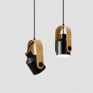 Pair of black Nordic pendant lights side by side, adjustable metal shades, suspended from ceiling, Scandinavian minimal design