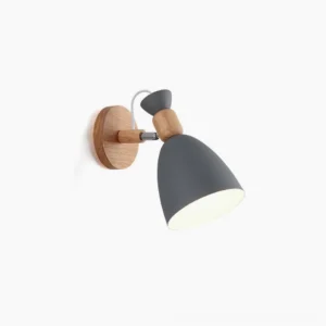 Kiven Nordic wall lamp with dark gray cone shade and natural wood base, front studio view showing minimalist design
