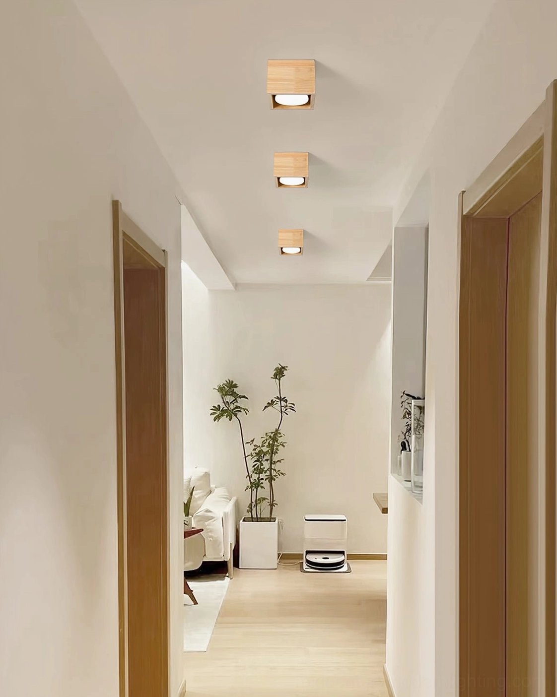 Nordic minimalist solid wood square ceiling lamp with white acrylic diffuser, front detail view