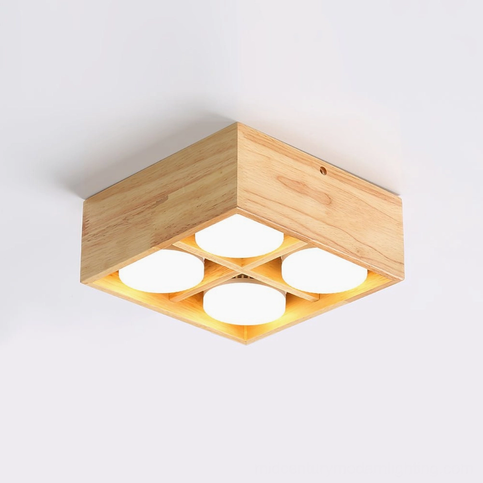Nordic minimalist wooden ceiling lamp with geometric square form and white acrylic diffuser, side profile view