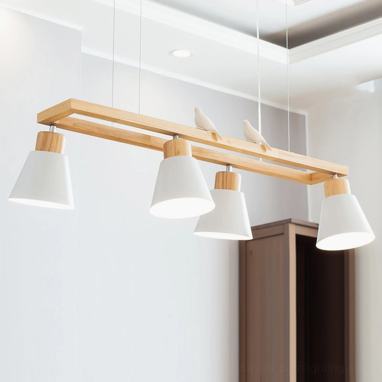 Nordic-style wooden cone pendant chandelier in natural finish suspended in bright home space