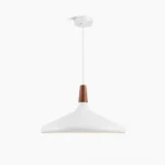 Nori pendant lamp in white matte finish with turned wood canopy, frontal studio view showing mid-century modern design