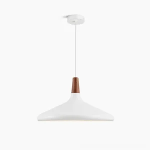 Nori pendant lamp in white matte finish with turned wood canopy, frontal studio view showing mid-century modern design