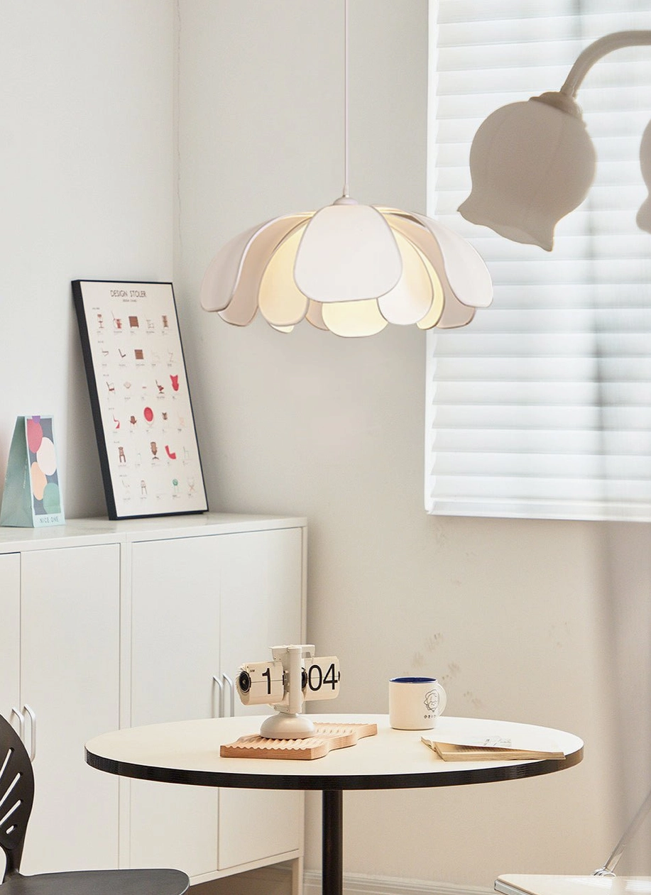 Norm white petal pendant lamp side view breakfast nook cabinet neutral modern home