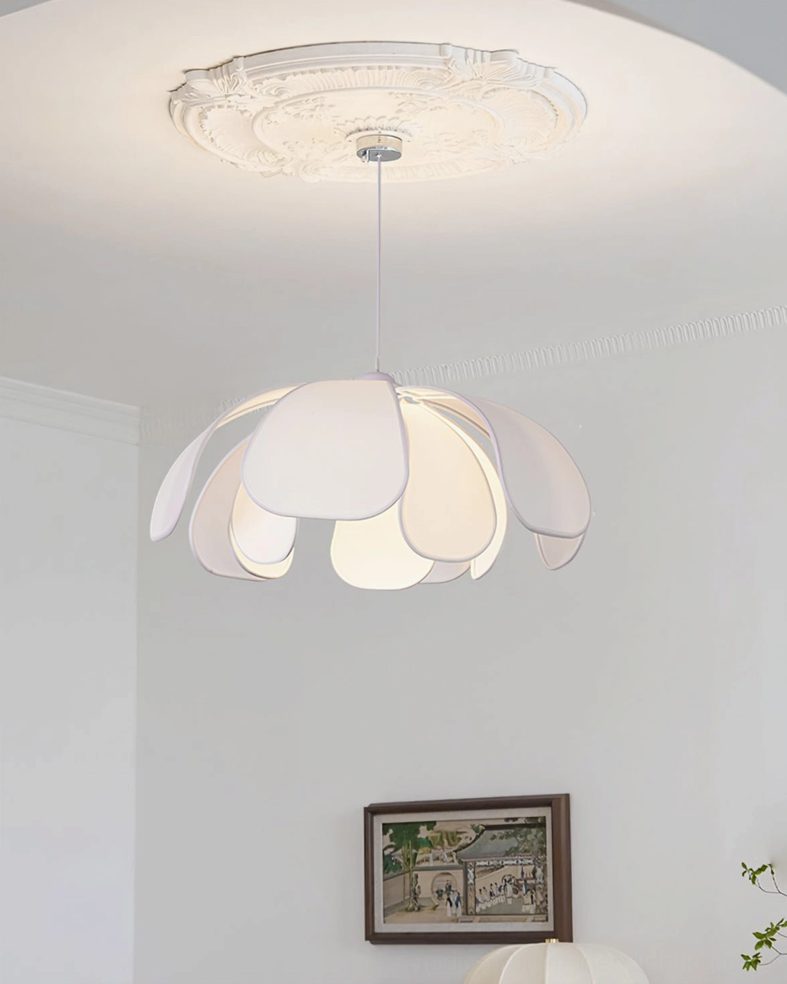 Norm white petal pendant lamp overhead view minimalist living room framed wall art