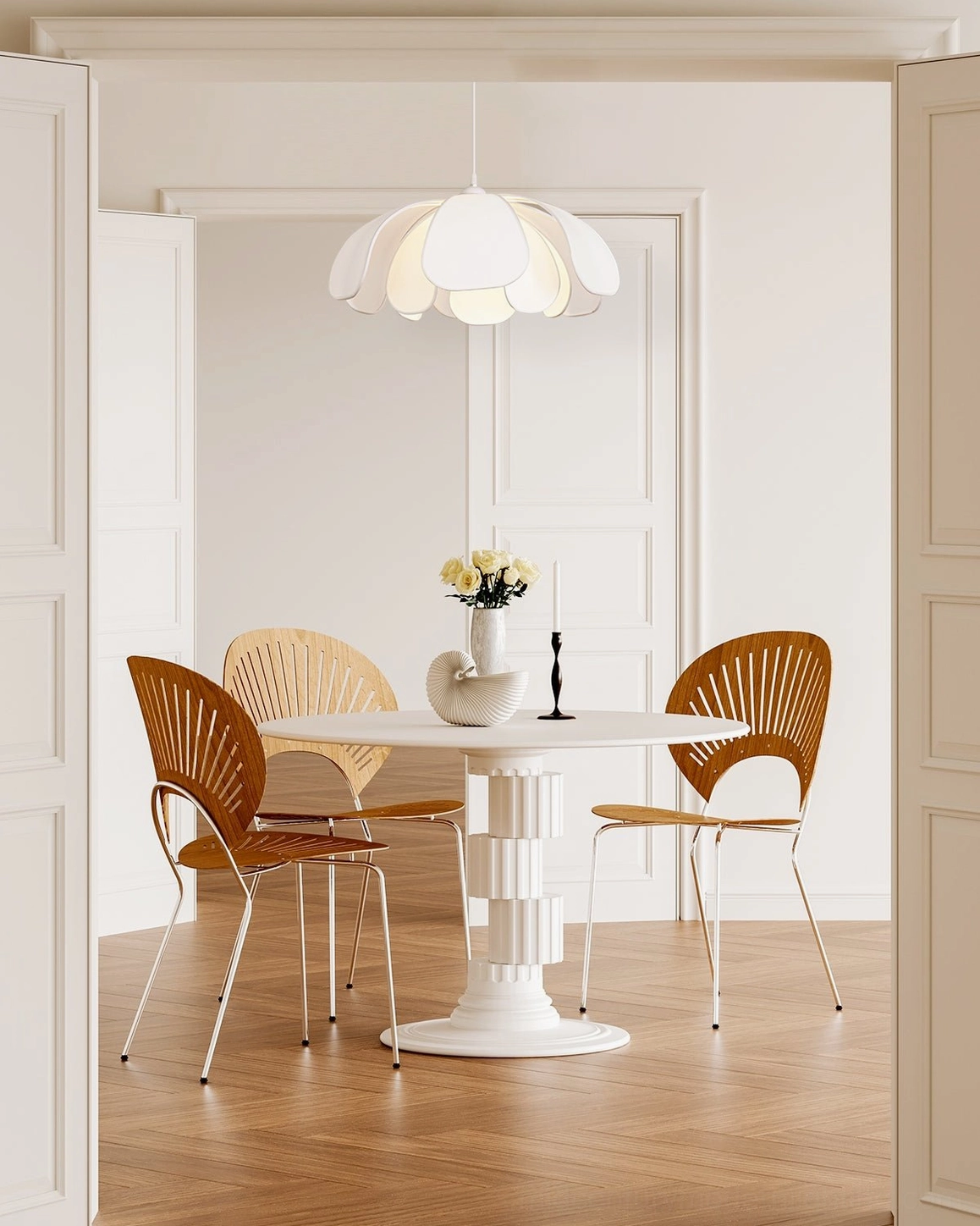 Norm white petal pendant lamp distant view bright dining room retro vintage chairs
