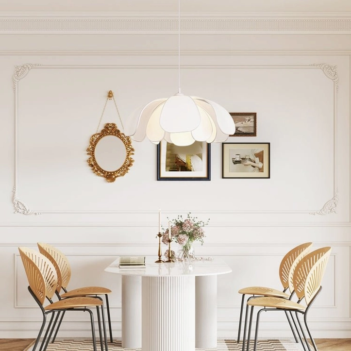 Norm white petal pendant lamp installation angle showing sculptural form and matte finish