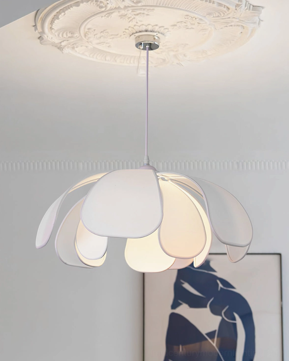 Norm white petal pendant lamp three-quarter view vintage romantic room carved ceiling