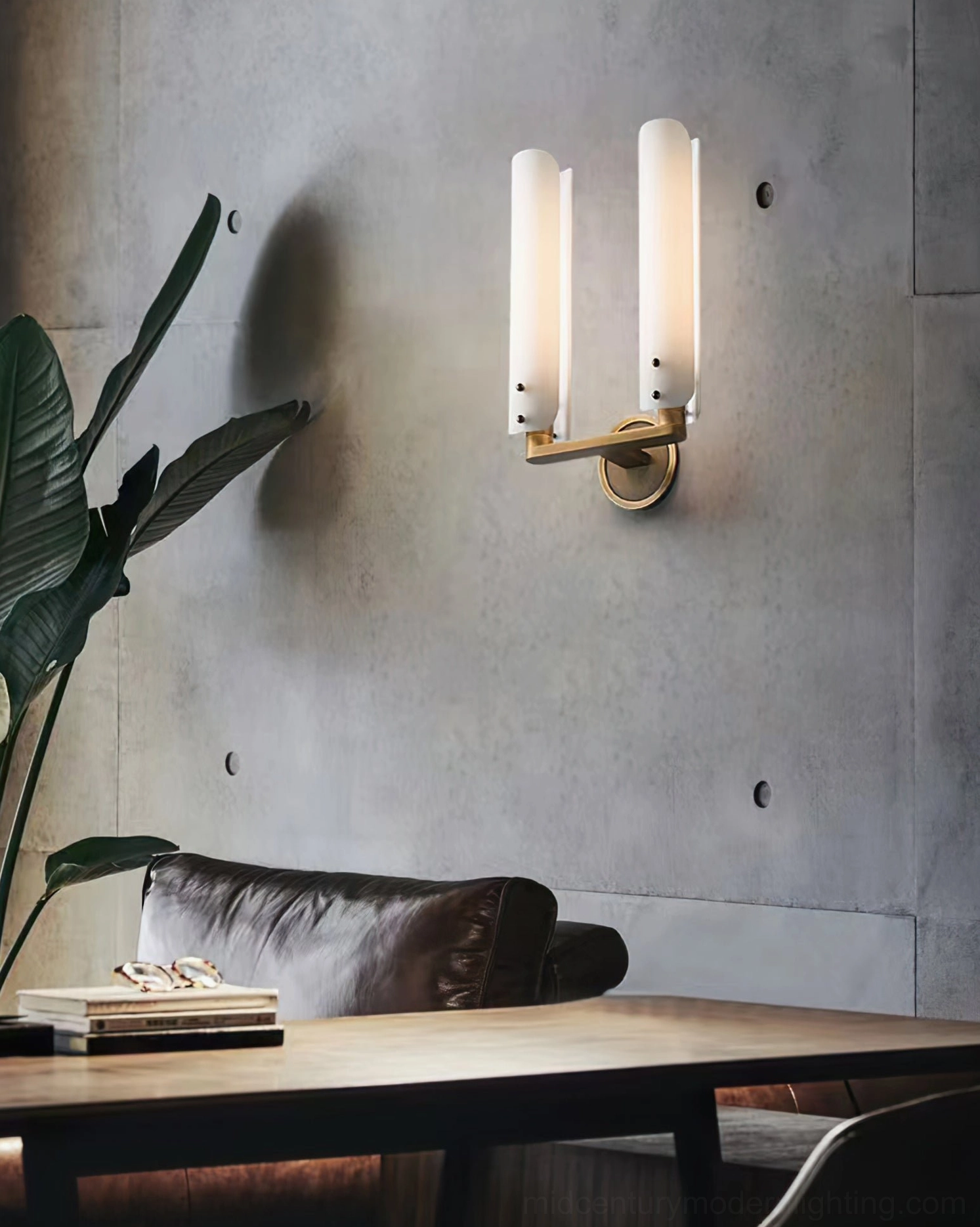 Norwalk double-arm wall sconce in dining room with industrial modern minimalist interior design