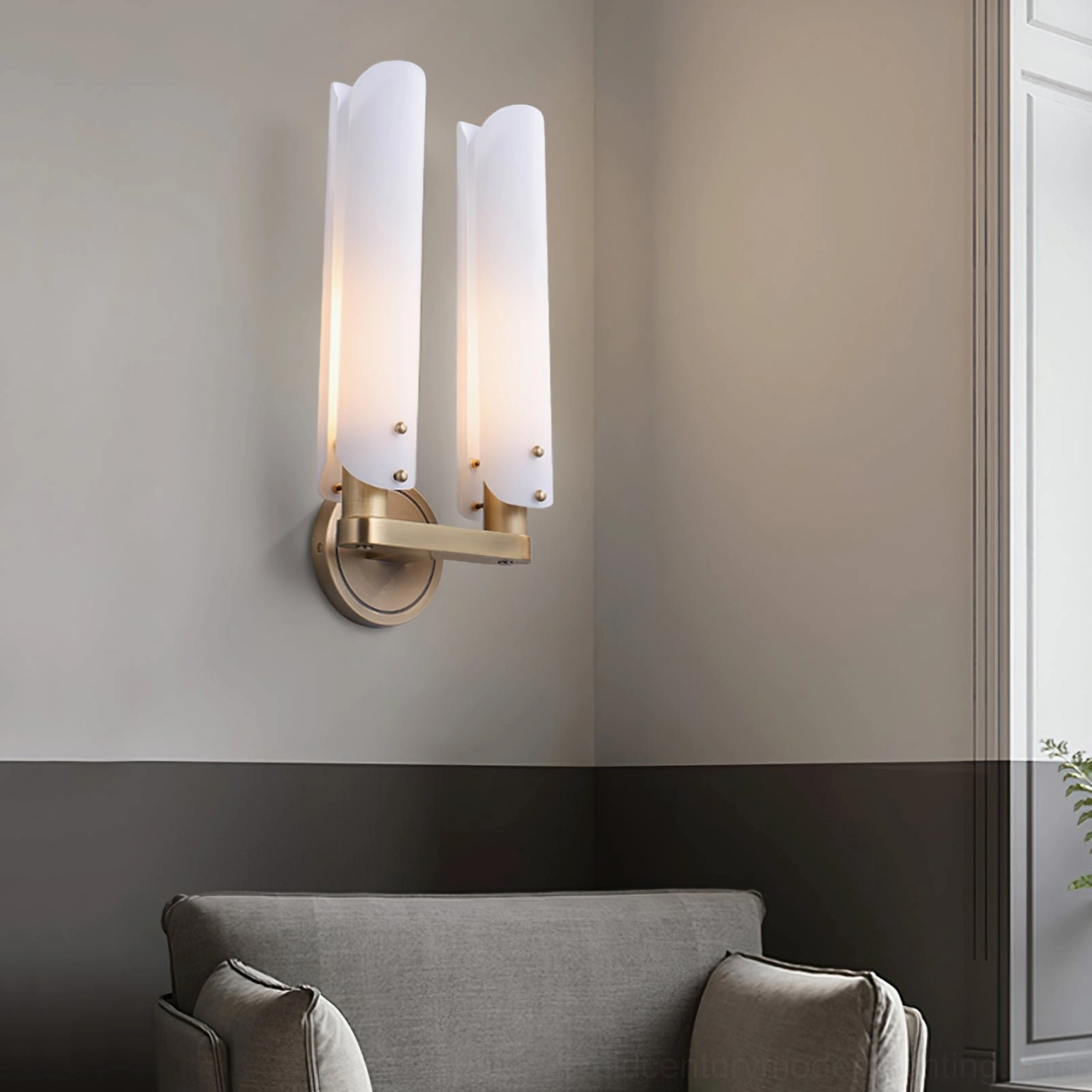 Norwalk double-arm wall sconce in modern living room lounge area with neutral contemporary interior