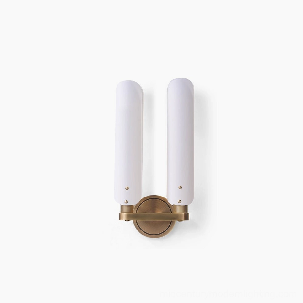 Norwalk mid-century modern double wall sconce with dual brass arms and frosted glass shades, front studio view