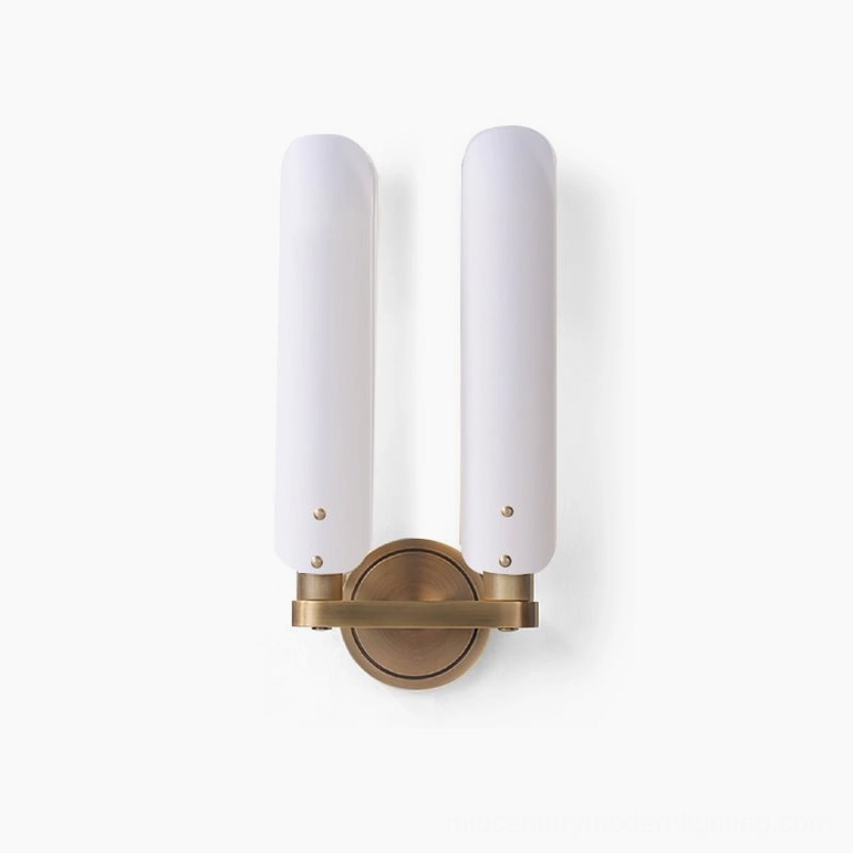 Extended double-arm Norwalk wall sconce with dual frosted glass shades and brushed brass base