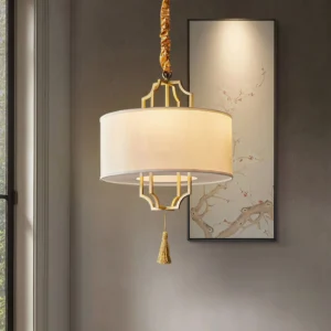 Oriental modern pendant light with twisted rope suspension and brass hardware, side profile