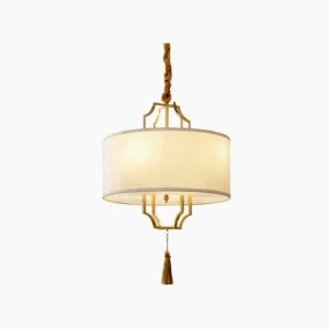 Norwell brass chandelier with dual circular backplates and white linen shades, front view