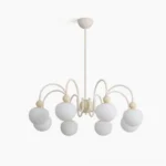 Notti 8-arm mid-century modern chandelier with cream metal frame and frosted ribbed glass shades, frontal studio view