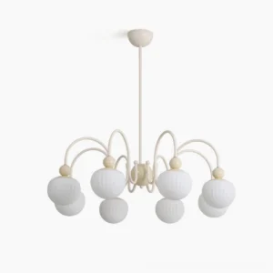Notti 8-arm mid-century modern chandelier with cream metal frame and frosted ribbed glass shades, frontal studio view