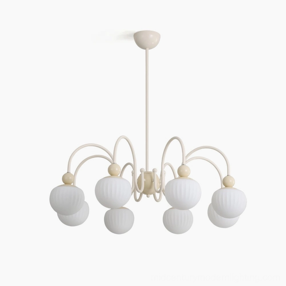 Notti 8-arm mid-century modern chandelier with cream metal frame and frosted ribbed glass shades, frontal studio view