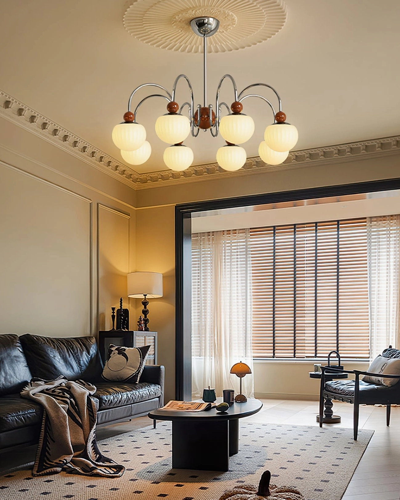 Notti pendant chandelier with stepless dimming capability creating adjustable ambient lighting in home interior