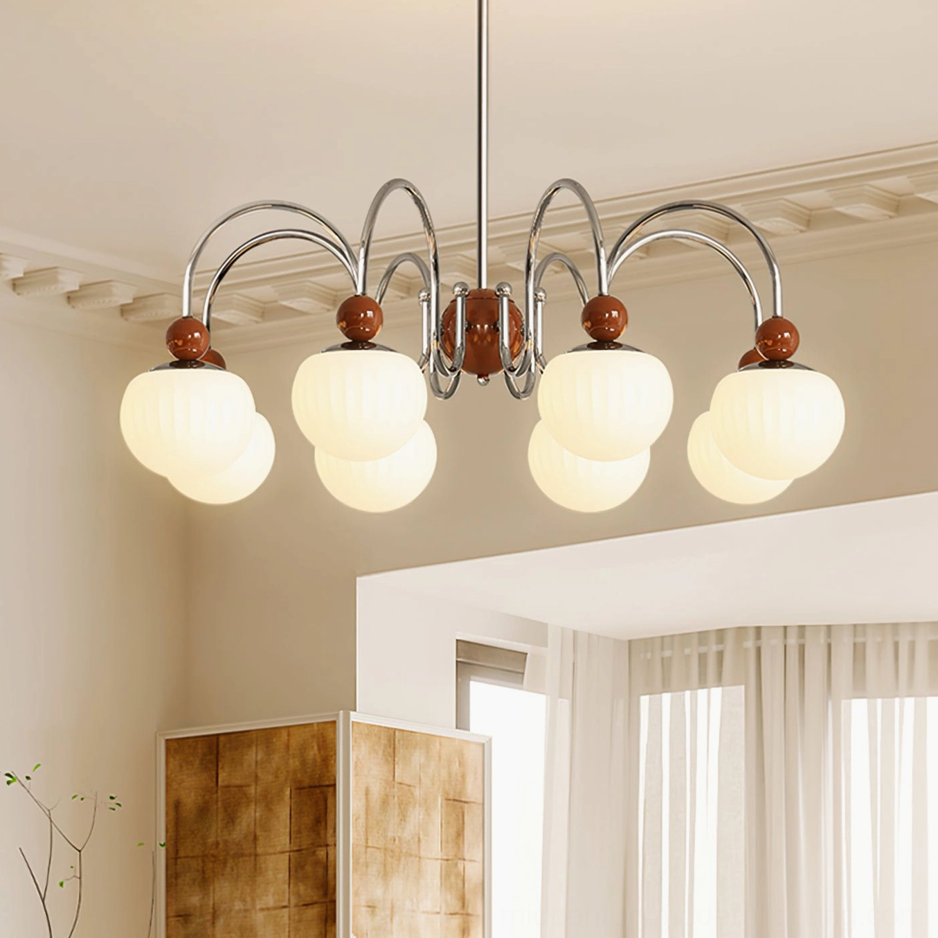Notti chandelier architectural styling showing mid-century modern silhouette and balanced symmetrical arm design