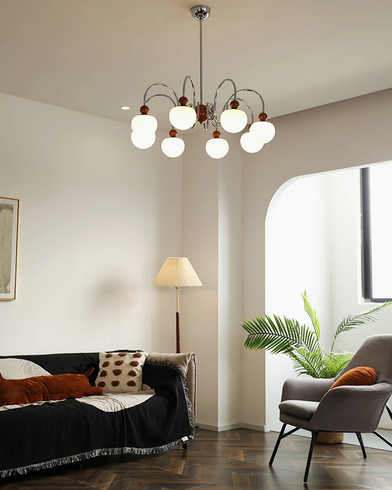 Multi-view detail of Notti chandelier frosted glass shades showing ribbed texture and light diffusion properties