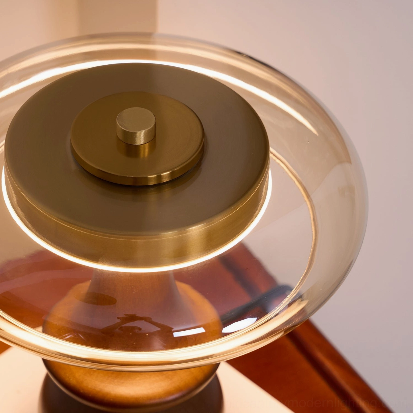 Nova table lamp three-quarter angle view with cognac finish wood base on neutral background highlighting mid-century modern aesthetic