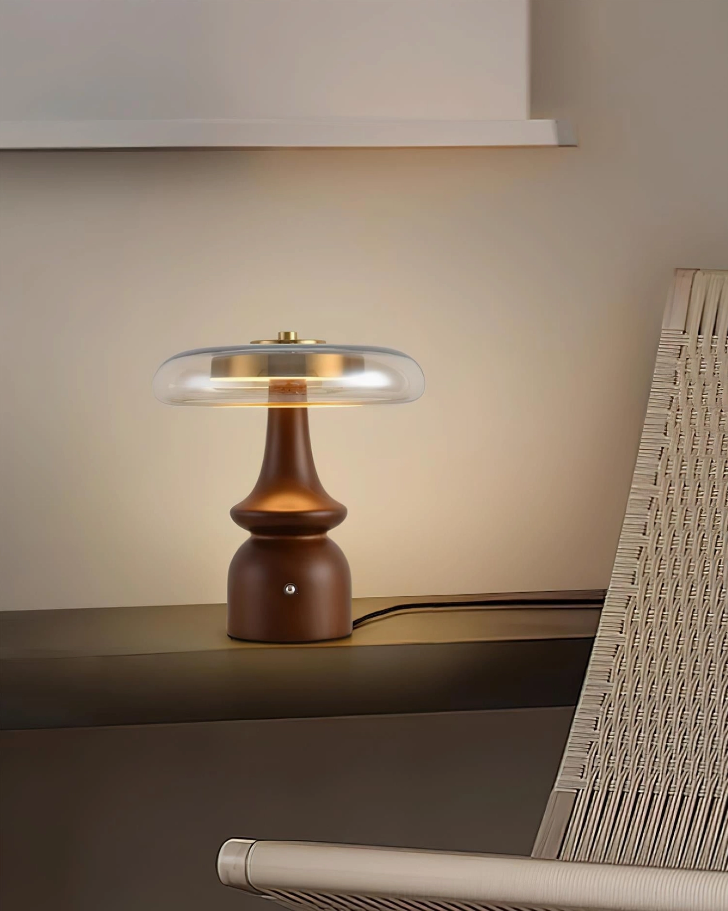 Nova table lamp styled with mid-century modern furniture and geometric wall art creating cohesive interior design scheme