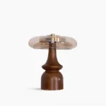 Nova mid-century modern table lamp with walnut wood base and translucent glass dome shade, studio front view on white background