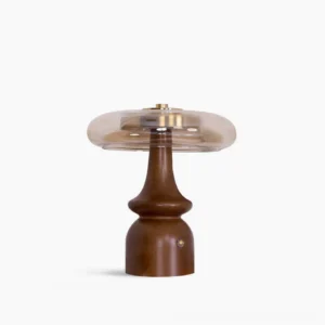 Nova mid-century modern table lamp with walnut wood base and translucent glass dome shade, studio front view on white background