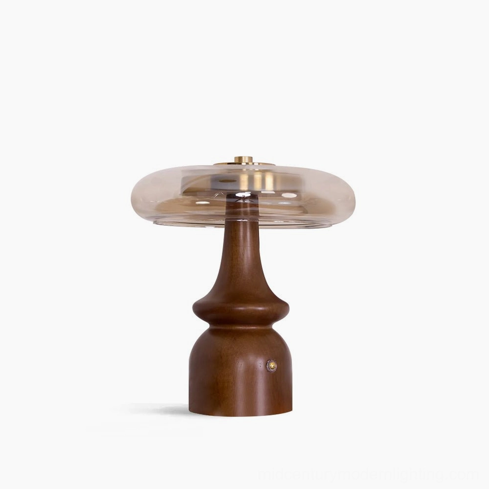 Nova mid-century modern table lamp with walnut wood base and translucent glass dome shade, studio front view on white background