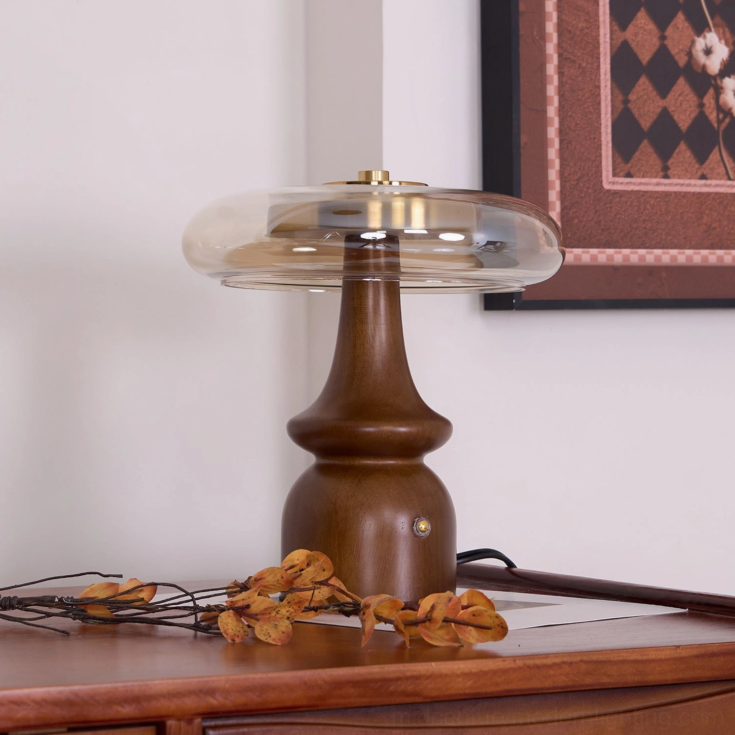 Nova table lamp direct side profile view showcasing turned wood base design and flat translucent glass dome shade geometry