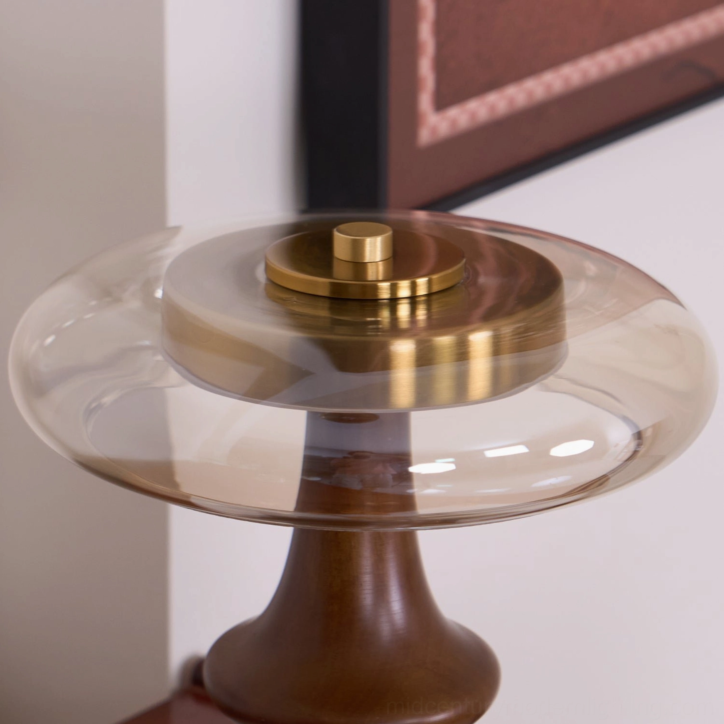 Nova table lamp illuminated showing warm light color temperature and glass shade glow, modern lighting feature display