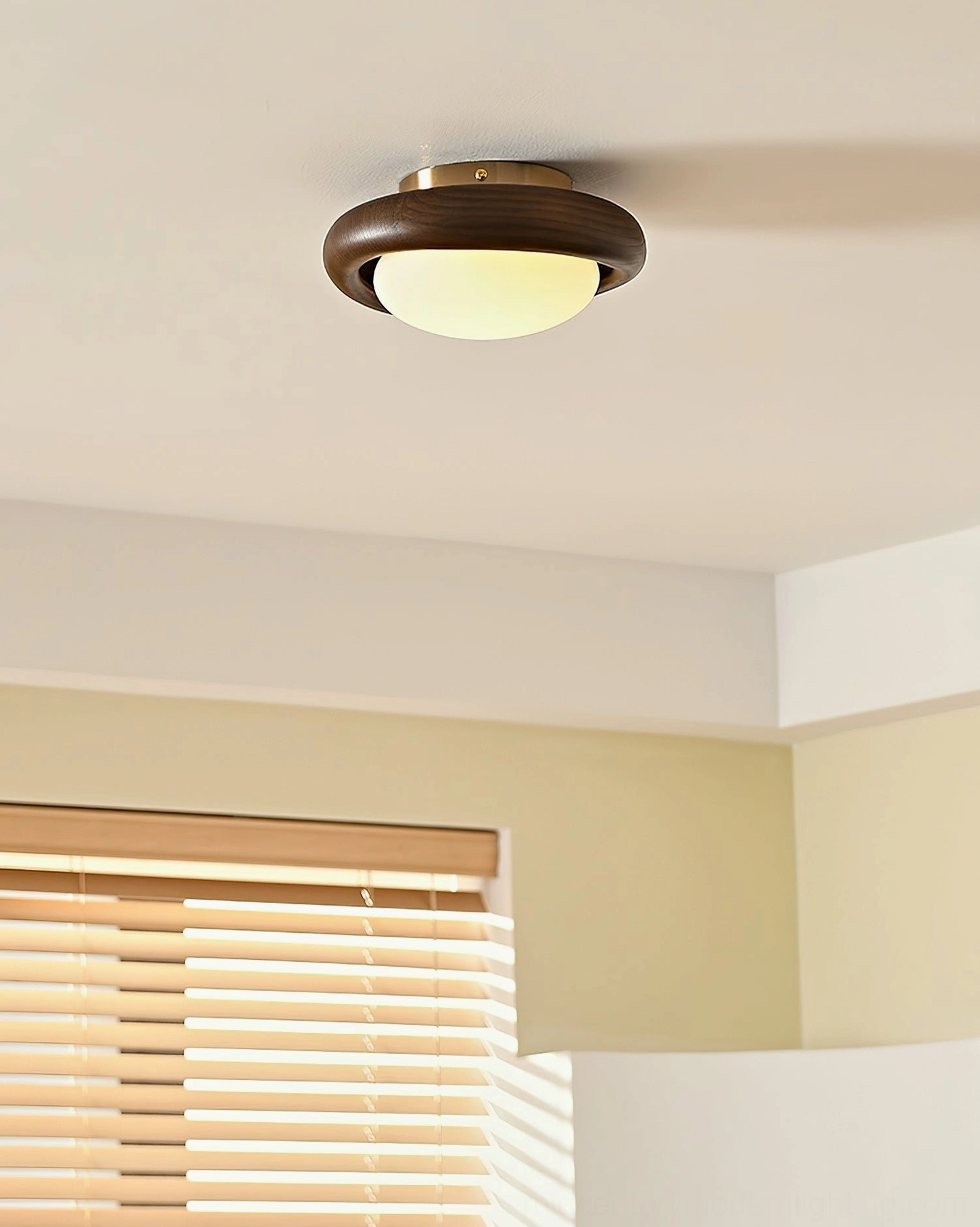 Novi ceiling light in minimalist living room with window blinds creating warm ambient lighting