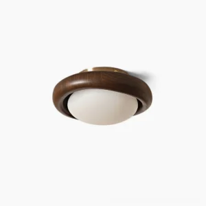 Novi mid-century modern ceiling light with walnut wood ring and frosted glass diffuser - front studio view