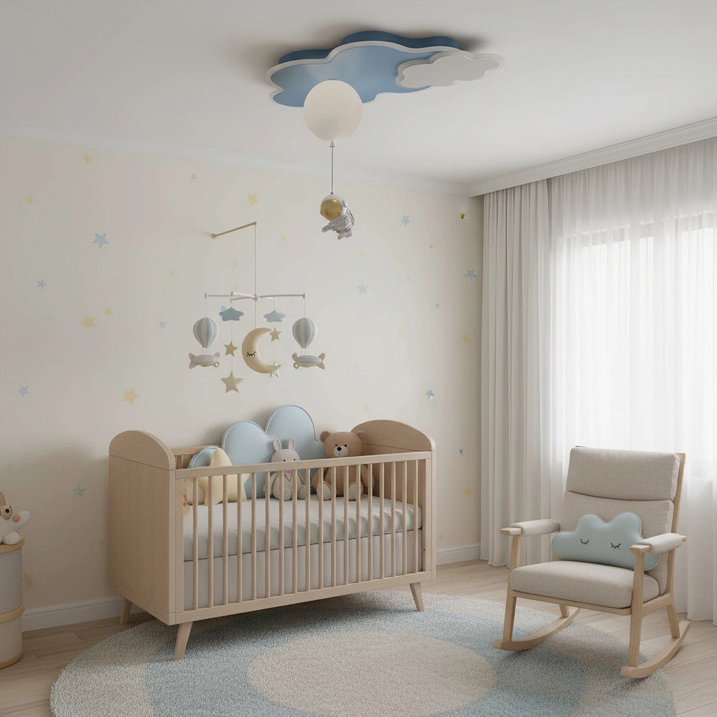 Nuages ceiling lamp in baby nursery room corner with pastel space decor and warm soft lighting