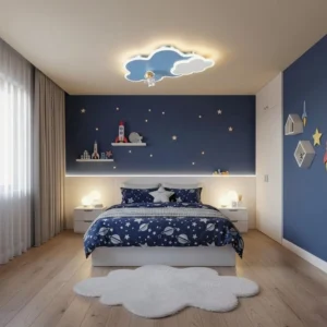 Nuages cloud ceiling light installed in space-themed kids bedroom with warm ambient lighting and star wall decals