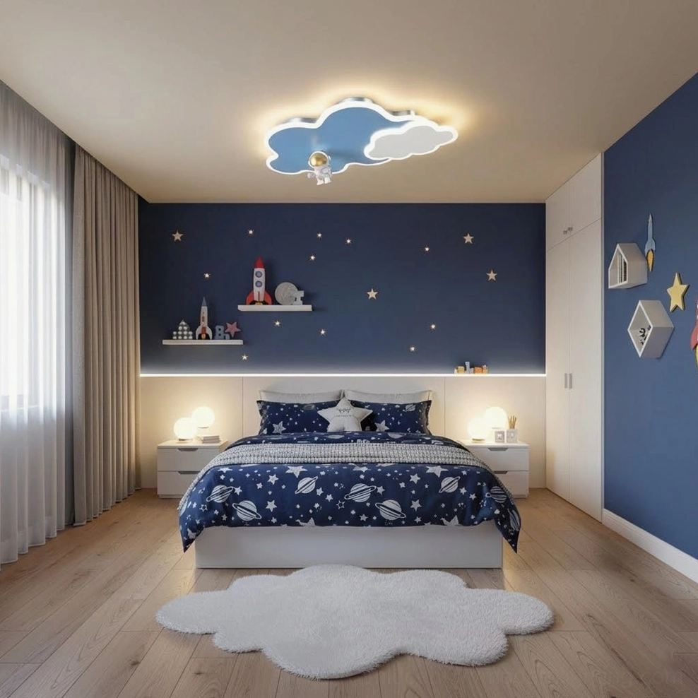 Nuages cloud ceiling light installed in space-themed kids bedroom with warm ambient lighting and star wall decals