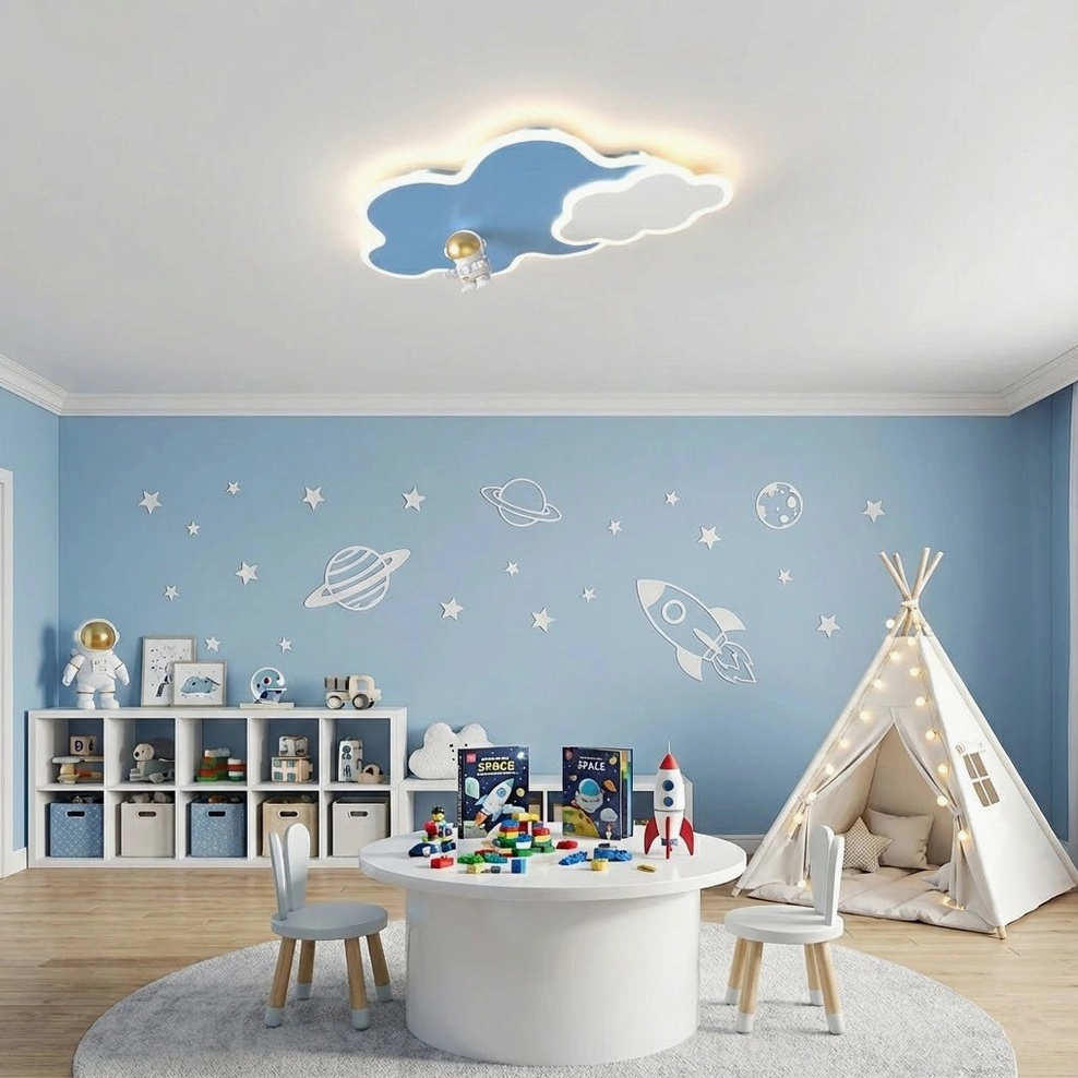 Nuages cloud ceiling lamp in kids activity playroom with space wall decals and play tent setup